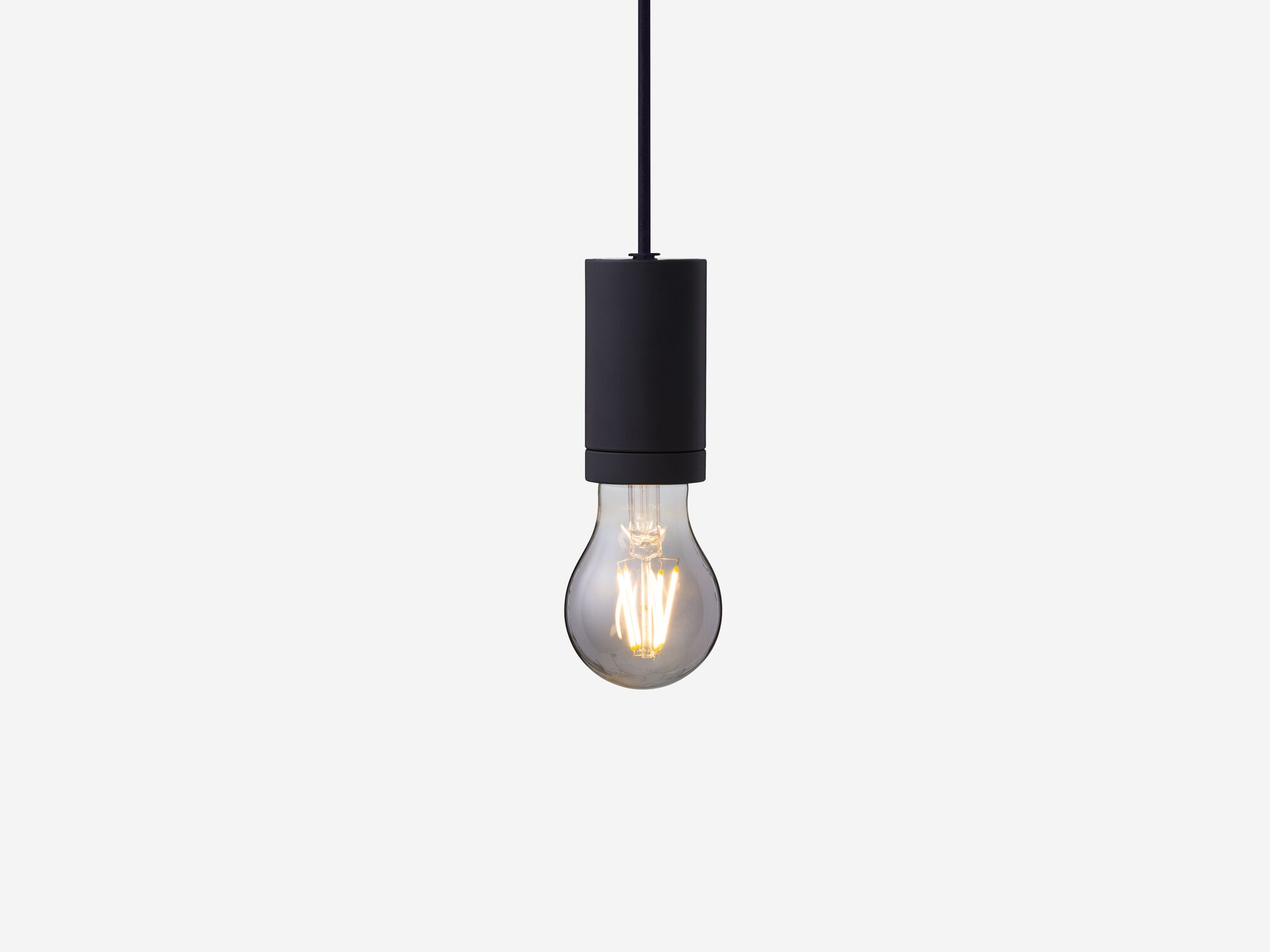 Small smoked grey lightbulb hanging from black hardware front view